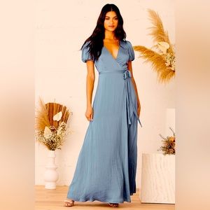 Lulus Maxi Dress - Dusty Blue Satin Puff Sleeve Wrap Bridesmaid - Always Tell Me